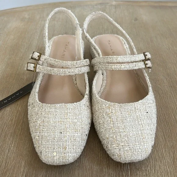 Tahari Tweed Sequin Cream Mary Jane Ballet Flats 7.5 8 - Picture 6 of 8